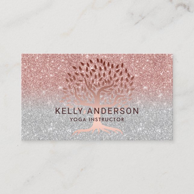 Yoga Instructor Life Tree Rose Gold Silver Ombre Business Card (Front)