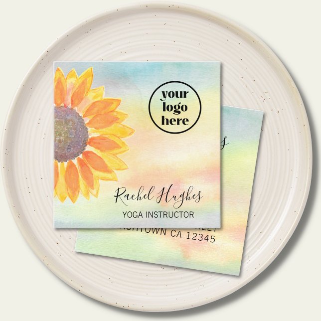 Yoga Instructor Logo Sunflower Watercolor  Square Business Card (Creator Uploaded)