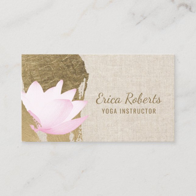 Yoga Instructor Lotus Gold Stroke Elegant Linen Business Card (Front)