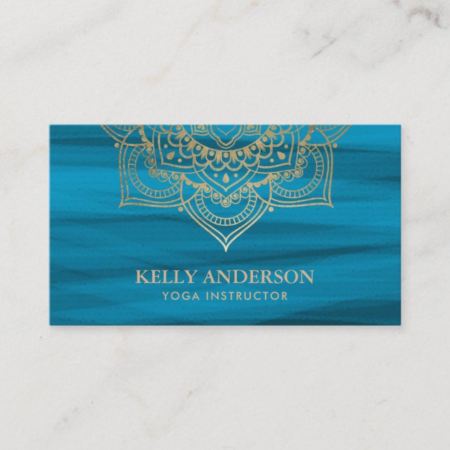 Yoga Instructor Lotus Mandala Turquoise & Gold Business Card (Front)