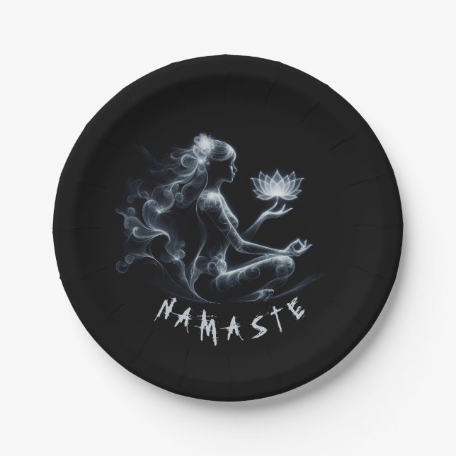 Yoga Instructor Lotus Meditation Pose Glowing Mist Paper Plate (Front)