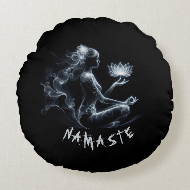 Yoga Instructor Lotus Meditation Pose Glowing Mist Round Cushion (Front)