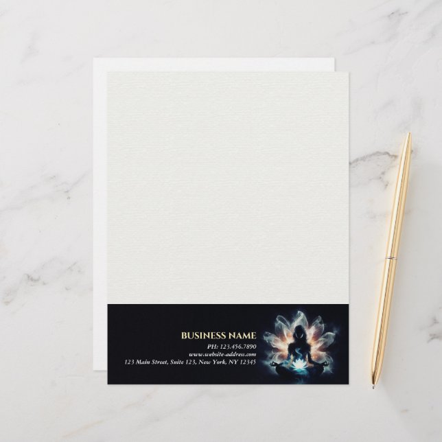 Yoga Instructor Meditation Pose Glowing Mist Lotus Custom Letterhead (Front/Back In Situ)