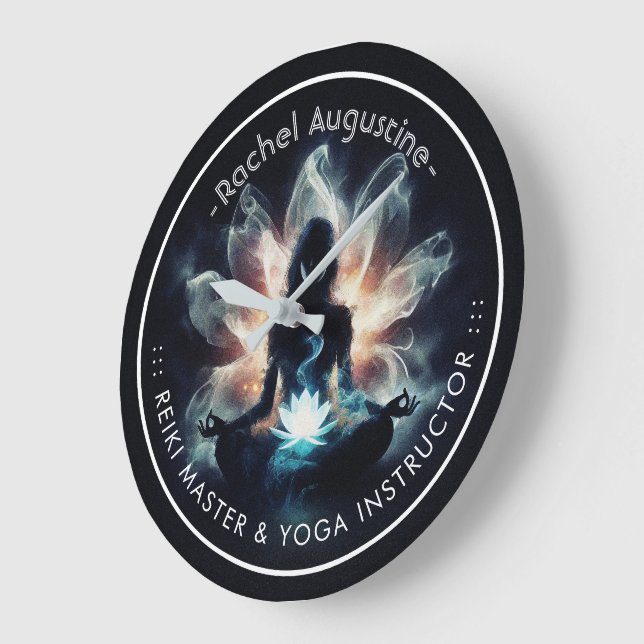 Yoga Instructor Meditation Pose Glowing Mist Lotus Large Clock (Angle)