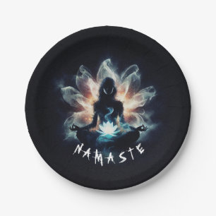 Yoga Instructor Meditation Pose Glowing Mist Lotus Paper Plate