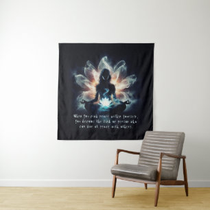 Yoga Instructor Meditation Pose Glowing Mist Lotus Tapestry