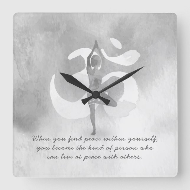 YOGA Instructor Meditation Tree Pose Om Sign Quote Square Wall Clock (Front)