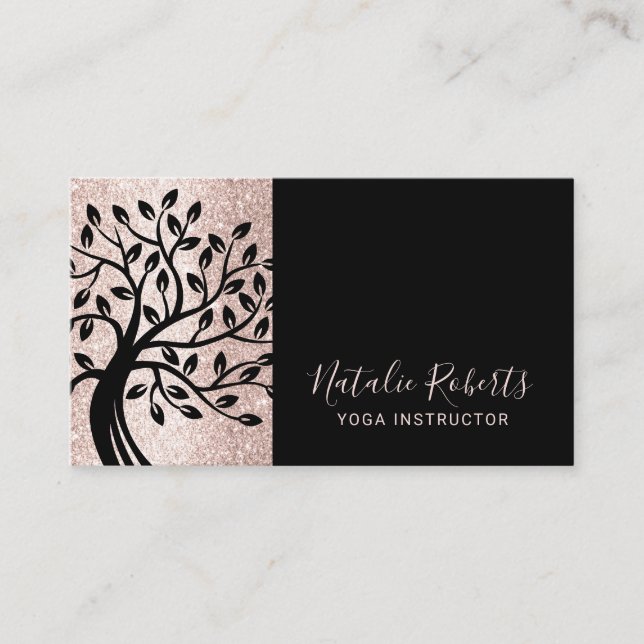Yoga Instructor Modern Blush Pink Black Life Tree  Business Card (Front)