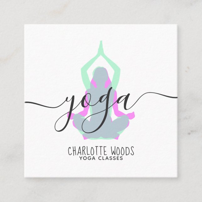 Yoga instructor modern elegant trendy teal pink om square business card (Front)