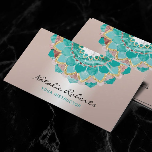Yoga Instructor Modern Rose Gold Teal Mandala Business Card (Creator Uploaded)