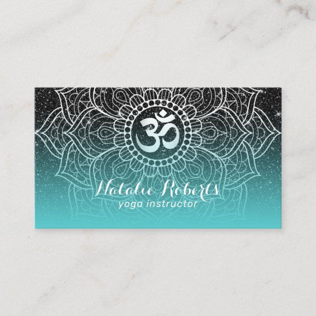 Yoga Instructor Modern Teal Black Glitter Mandala Business Card (Front)