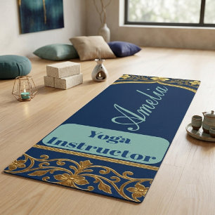 Yoga Instructor Navy Blue Teal Gold Ornate Floral Mat