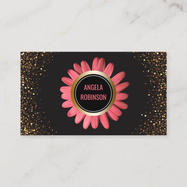 Yoga Instructor | Pink Daisy Gold Glitter Black Business Card (Front)