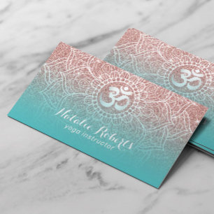 Yoga Instructor Rose Gold Glitter Teal Mandala Business Card