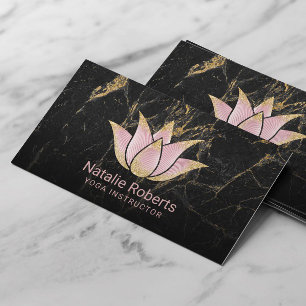 Yoga Instructor Rose Gold Lotus Black Marble Business Card