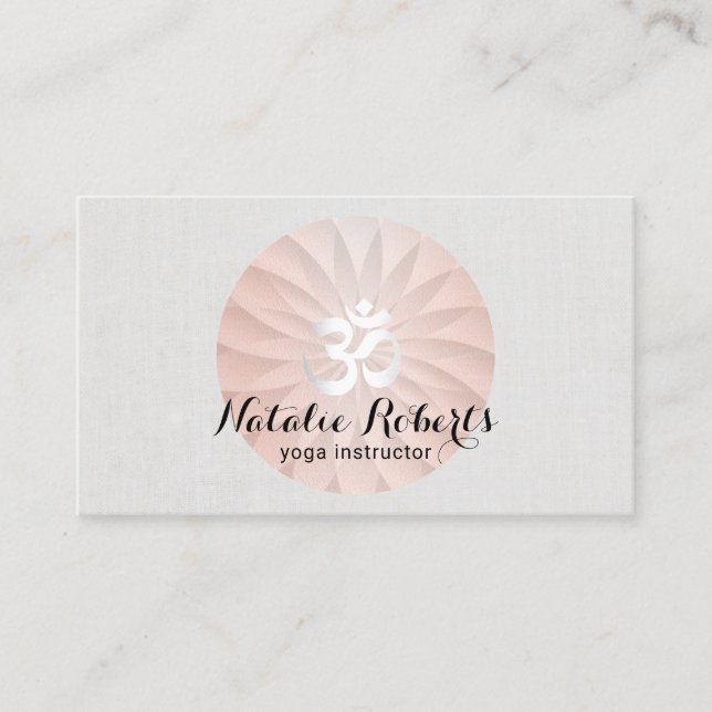 Yoga Instructor Rose Gold Spiral Lotus Om Business Card (Front)