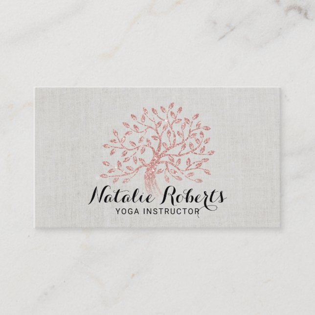 Yoga Instructor Rose Gold Tree Elegant Linen Business Card (Front)