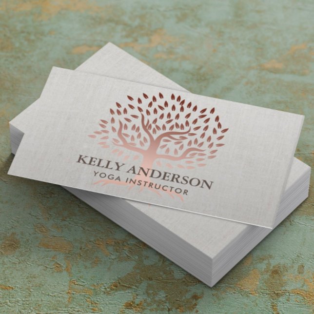 Yoga Instructor Rose Gold Tree Elegant Linen Business Card (Creator Uploaded)