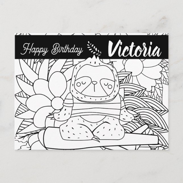 Yoga Instructor Sloth Birthday Floral Colouring Postcard (Front)