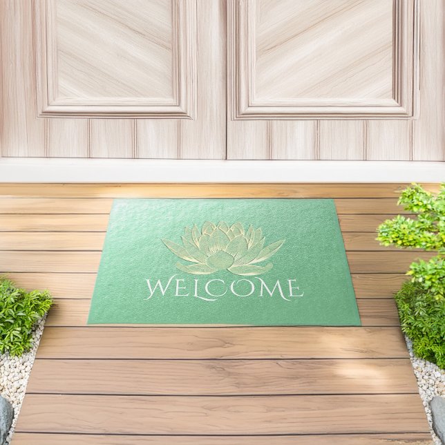 YOGA Instructor Studio Welcome Green Gold Lotus Doormat (Creator Uploaded)