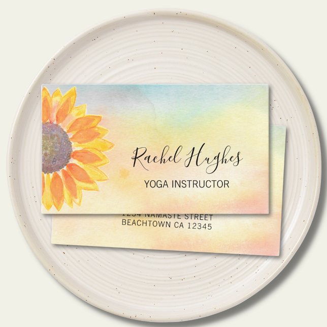 Yoga Instructor Sunflower Watercolor Business Card (Creator Uploaded)