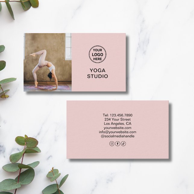 Yoga Instructor Teacher Custom Logo Photo Pink  Business Card (Yoga Instructor Teacher Custom Logo Photo Pink Business Card)