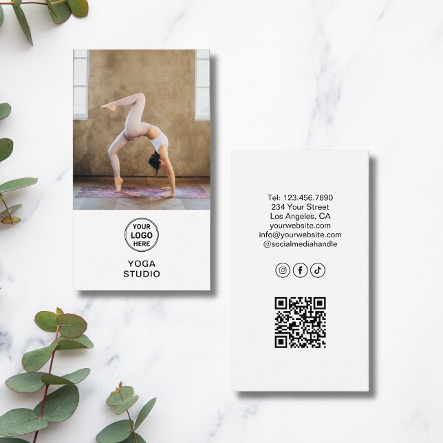 Yoga Instructor Teacher Logo Photo QR White Business Card (Yoga Instructor Teacher Logo Photo QR White Business Card)