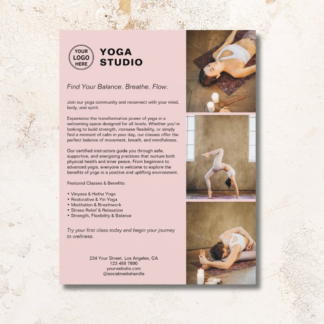 Yoga Instructor Teacher Promotional Pink Business  Flyer (Create your own professional business flyer)