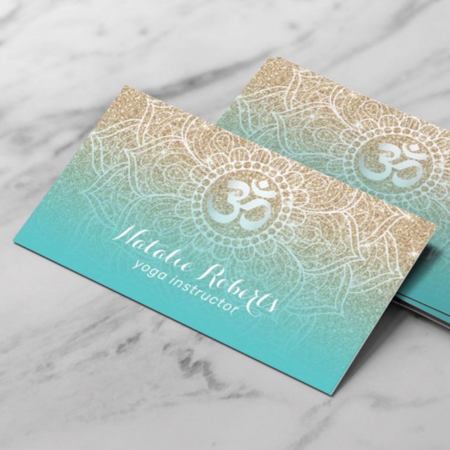 Yoga Instructor Teal Gold Glitter Floral Mandala Business Card (Creator Uploaded)