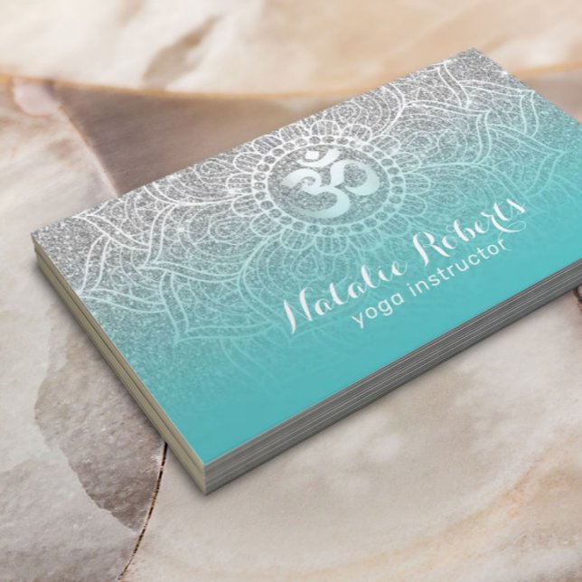 Yoga Instructor Teal & Silver Glitter Mandala Business Card (Creator Uploaded)