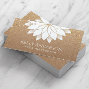 Yoga Instructor White Lotus Floral Rustic Kraft Business Card