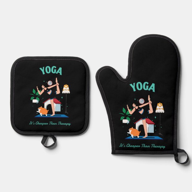 Yoga It's Cheaper Than Therapy Oven Mitt & Pot Holder Set (Front)