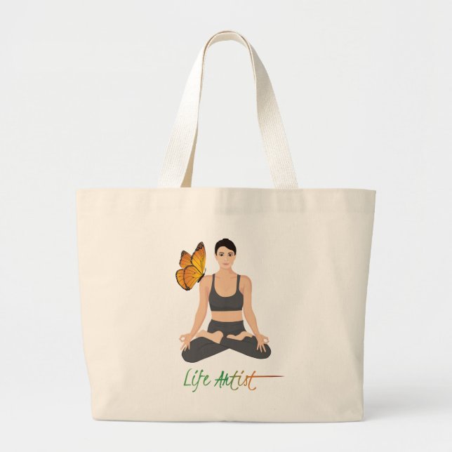 Yoga Life Artist Quote Butterfly Self-Improvement Large Tote Bag (Front)