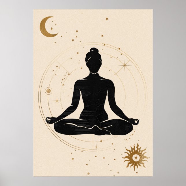 Yoga lotus position silhouette solar system gold poster (Front)