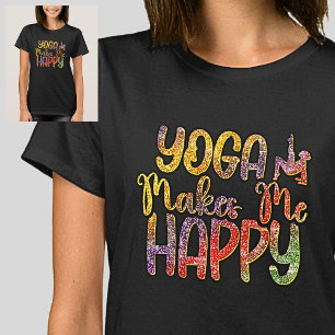 Yoga Makes Me Happy Pastel Rainbow on Black T-Shirt