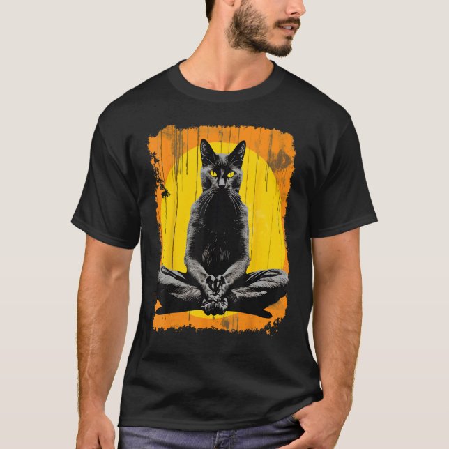 Yoga Meditation Black Cat T-Shirt (Front)