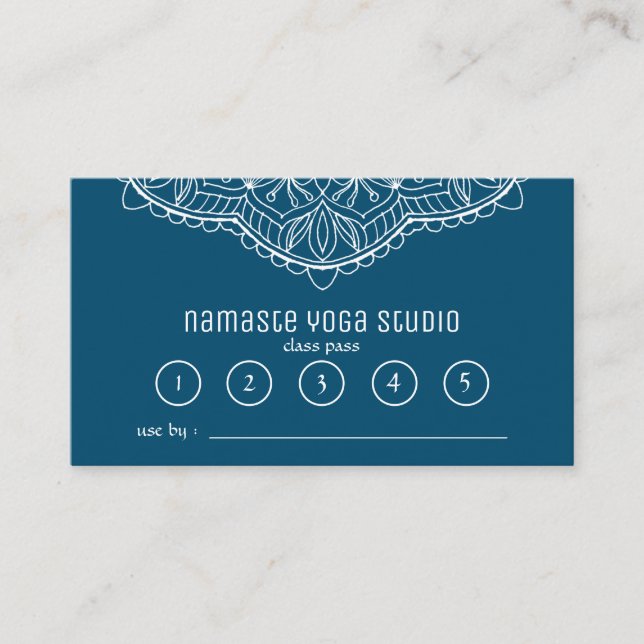 Yoga Meditation Class Pass Teal Handrawn Mandala Loyalty Card (Front)