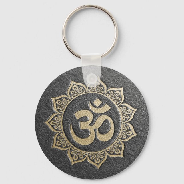 YOGA Meditation Instructor Black & Gold OM Mandala Key Ring (Front)