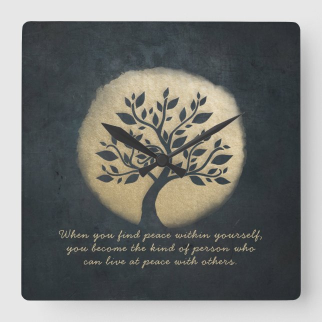 Yoga Meditation Instructor Black Gold Tree Quotes Square Wall Clock (Front)