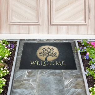 Yoga Meditation Instructor Black Gold Tree Welcome Doormat