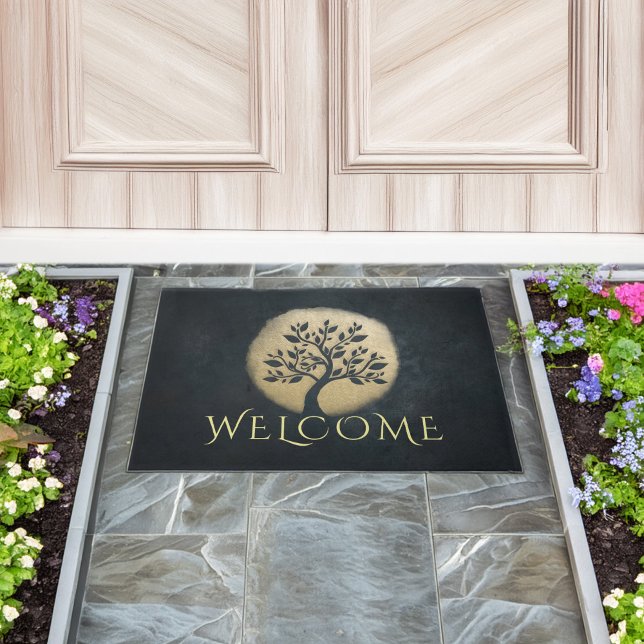 Yoga Meditation Instructor Black Gold Tree Welcome Doormat (Creator Uploaded)