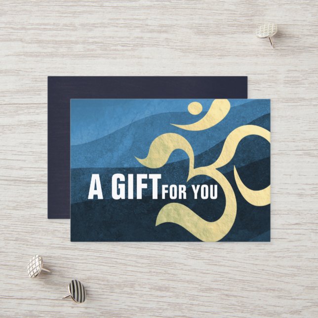 Yoga Meditation Instructor Blue and Gold OM Symbol Discount Card (Front/Back In Situ)