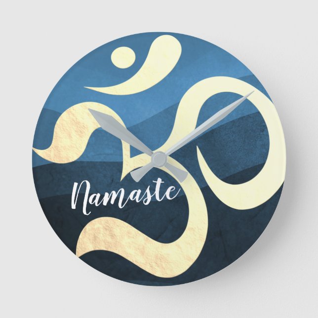 Yoga Meditation Instructor Blue and Gold OM Symbol Round Clock (Front)