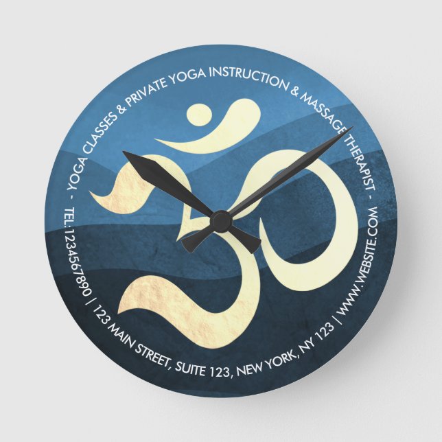 Yoga Meditation Instructor Blue and Gold OM Symbol Round Clock (Front)