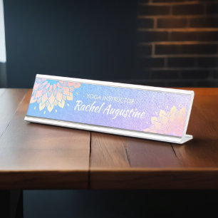 Yoga Meditation Instructor Blue Rose Gold Mandala Desk Name Plate