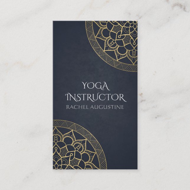 Yoga Meditation Instructor Chic Black Gold Mandala Business Card (Front)