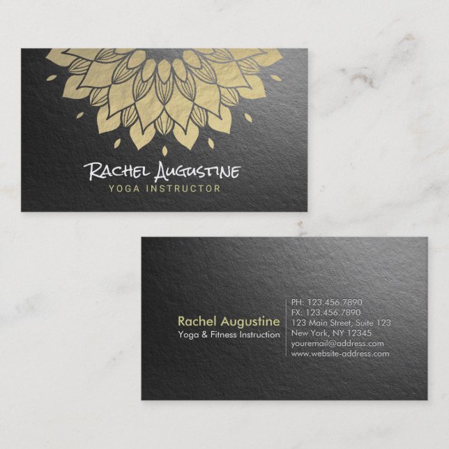 YOGA Meditation Instructor Chic Black Gold Mandala Business Card (Front/Back)