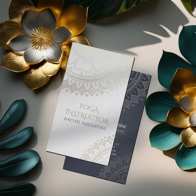 Yoga Meditation Instructor Chic White Gold Mandala Business Card (Creator Uploaded)