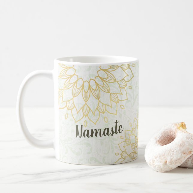 Yoga Meditation Instructor Gold Mandala Flowers Coffee Mug (With Donut)