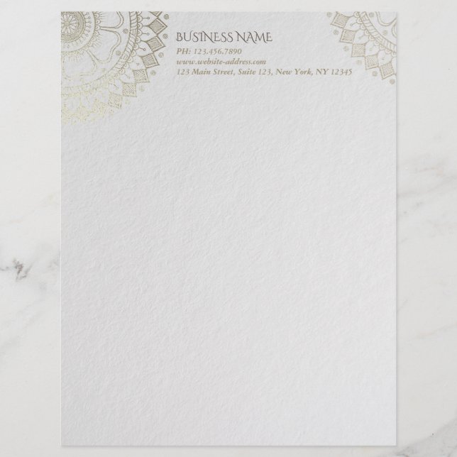 Yoga Meditation Instructor Gold Mandala Flowers Custom Letterhead (Front)